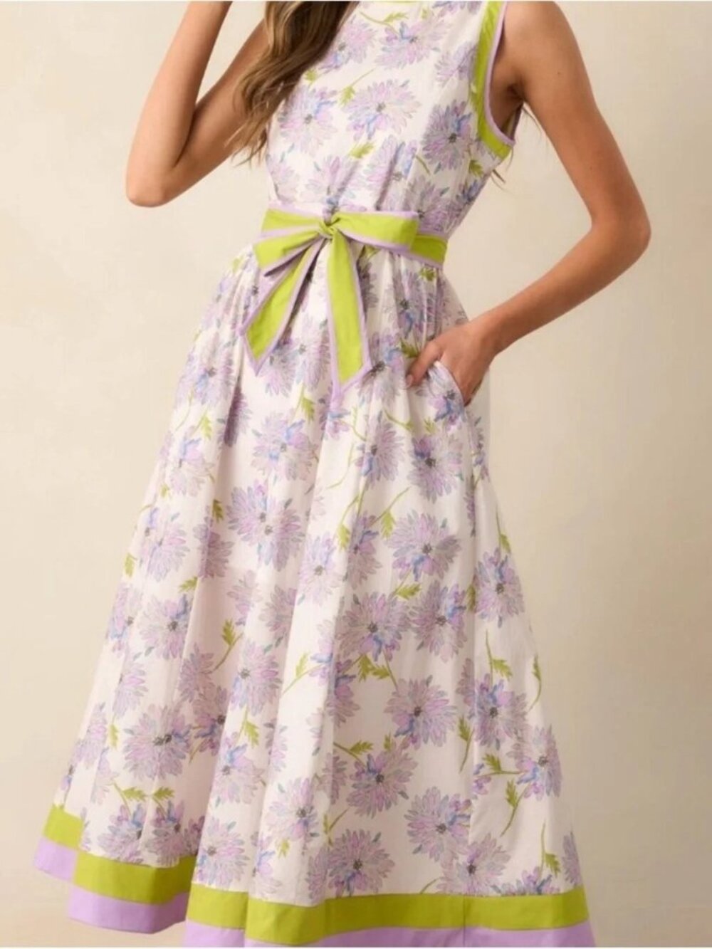 Entro Floral Belted Maxi Dress Lilac & Green Sleeveless Cottagecore Romantic S
